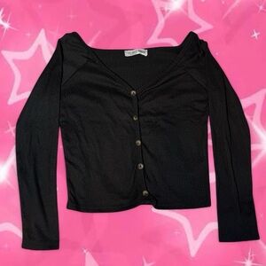 Black Ribbed Button-Front Long Sleeve Top